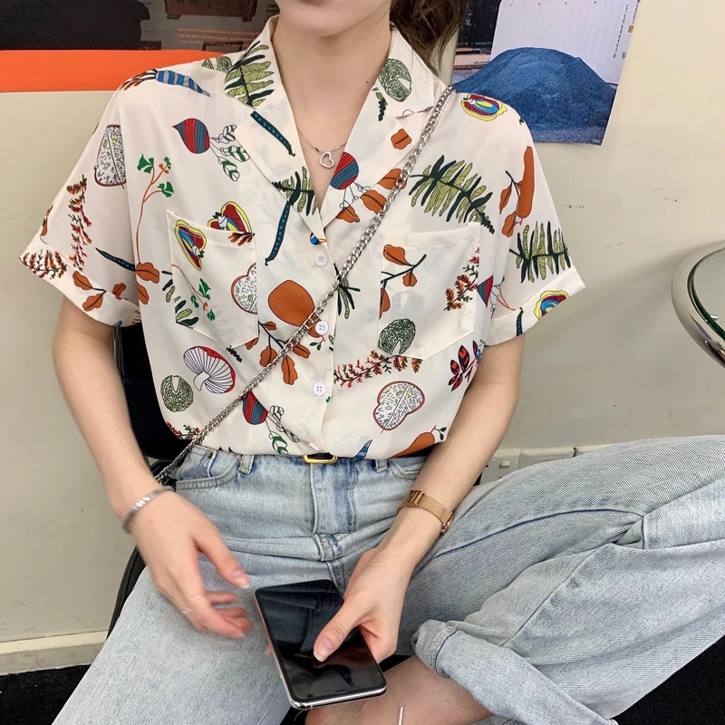 

New Casual Blouse Chiffon Slim Women's Blouses Fashion Short Sleeve Top Printing Pocket Buttons V-neck Shirt Summer