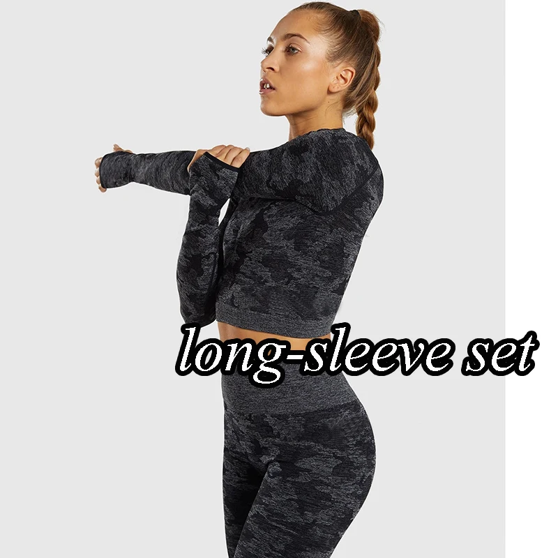 longsleeve set black Камуфляжной расцветки, Йога Комплект Для женщин бесшовные Фитнес бюстгальтер для йоги со спортивным бюстгальтером с рисунком камуфляж Высокая Талия тренажерный зал легинсы, штаны для фитнеса костюм тренировки - Цвет: longsleeve set black