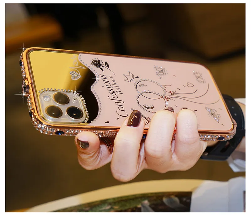 

For iPhone 11 12 Pro Max 12 Mini X XR XS SE 7 8 Plus Case Bling Diamond Bumper Rhinestone Metal Frame Mirror Makeup Back Cover