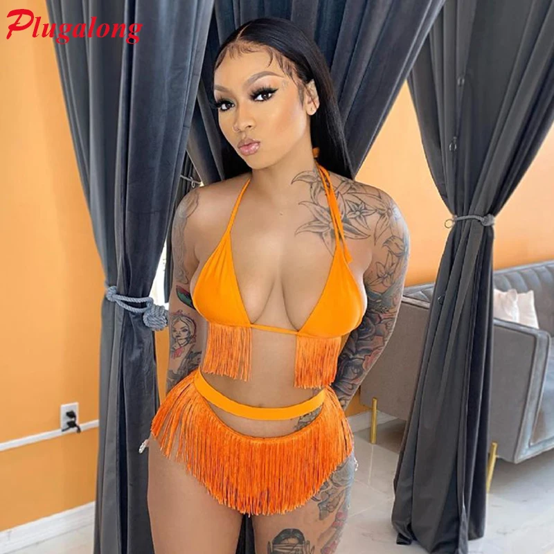 

Tassel Halter Neck Sexy Two Piece Set Women Shorts Matching Sets Hollow Out Y2K Tracksuits Backless Outfits Beachwear Summer