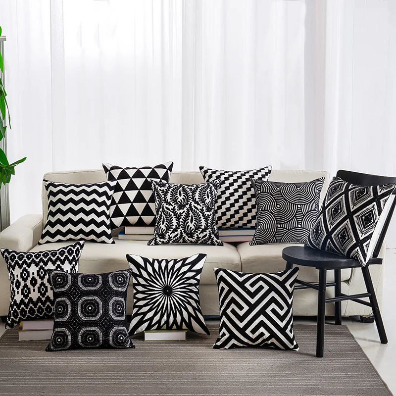 

Black Color Embroidered Cotton Pillowcase Decorative Seat Pillow Cover Throw Pillow Case 45*45cm