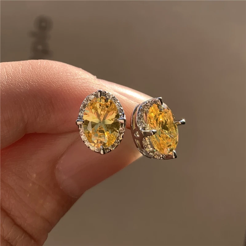 

Luxury Female Rainbow Crystal Earrings Charm Gold Silver Color Small Stud Earrings Blue Oval Zircon Wedding Earrings For Women