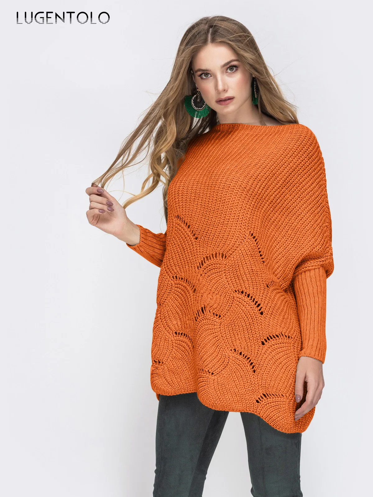 

Lugentolo Autumn Women Knitted Sweater Simple Loose Horizontal Neck Wavy Hollow Out Casual Long Sleeve Female Solid Sweater