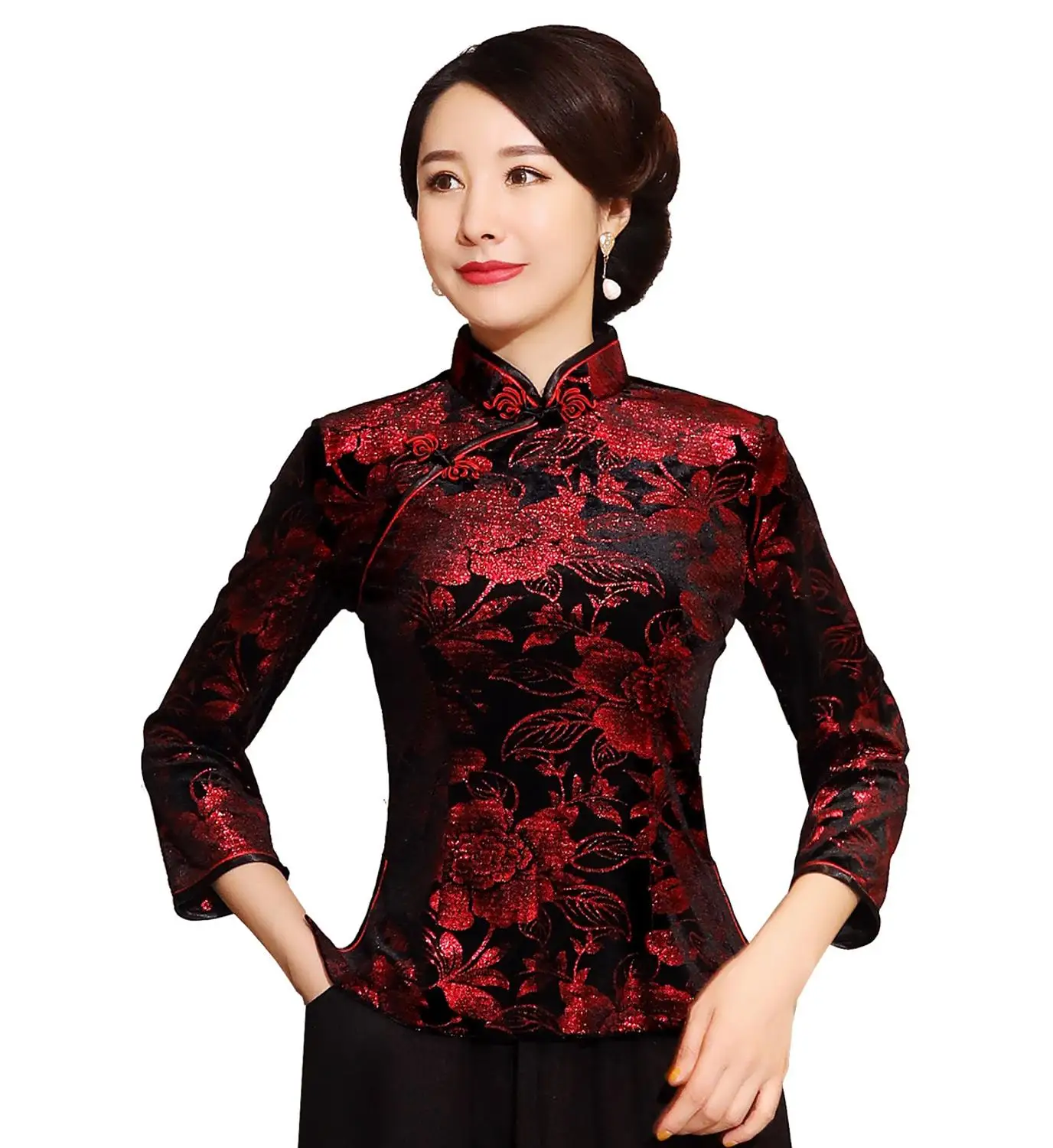 

Shanghai Story китайская женская рубашка на пуговицах Китайский традиционный топ с рукавом 3/4 cheongsam Топ бархатная традиционная китайская блузка