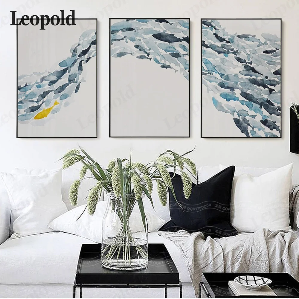 

Nordic Simple Abstract Dark Blue and Yellow Fish Group Posters Wall Pictures for Living Room Print Canvas Painting