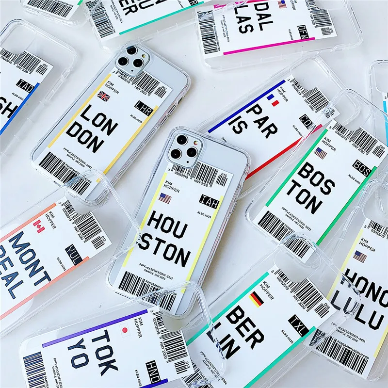 

World Country Label Air Tickets Phone Cases on For iPhone 11 12 Mini Pro Max X XR 8 7 6S 6 Plus Soft TPU Boarding Pass Cover