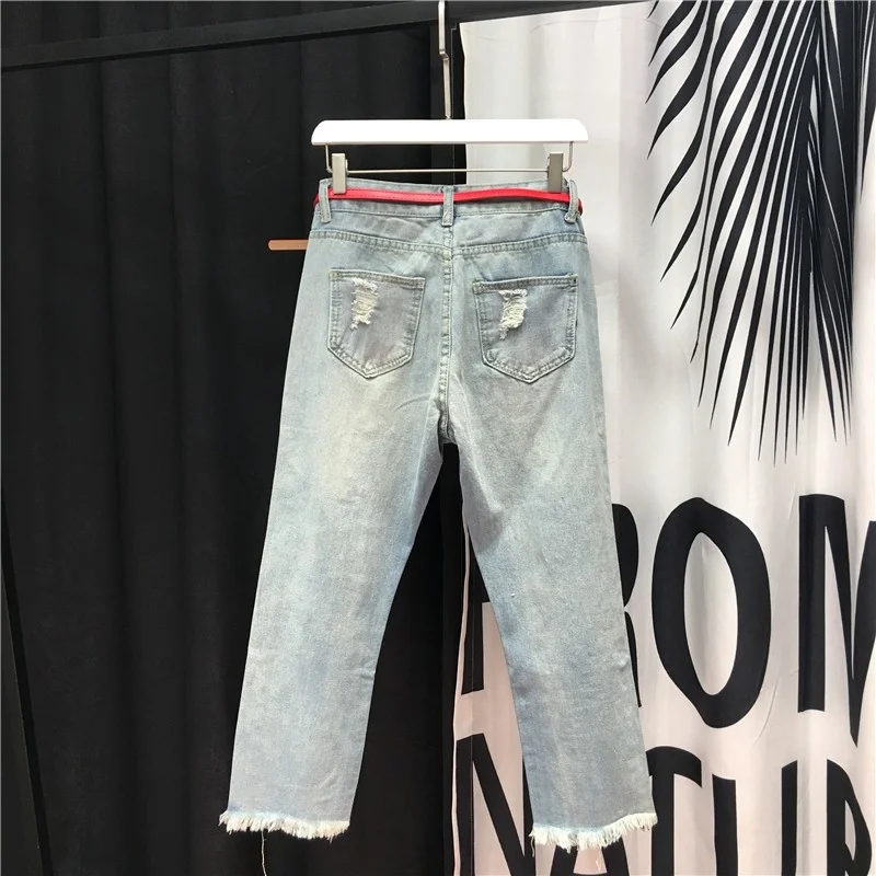 

Fashion Women Hole Ripped Jeans High Waist Sequined Cartoon Embroidery Denim Harem Pants Rivet Beads Ankle Length Baggy Pants