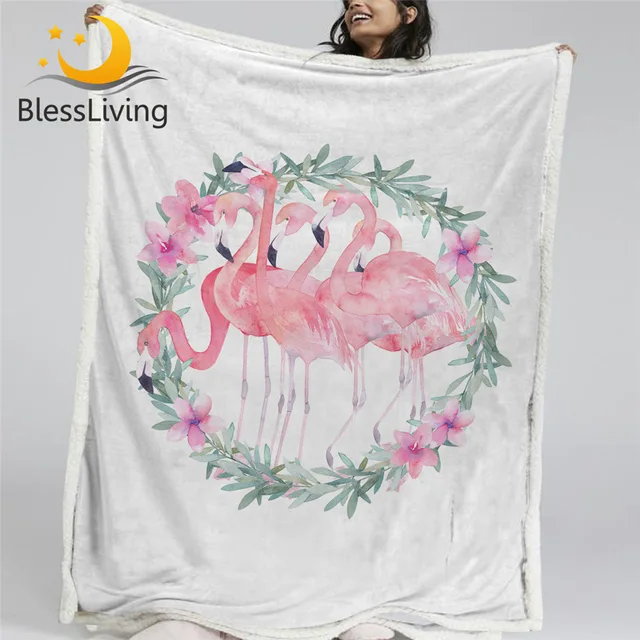 BlessLiving Flamingo Pink Blanket Romantic Throw Blanket for Couple Watercolor Bird Soft Blanket Floral Wreath Tropical Cobertor 1