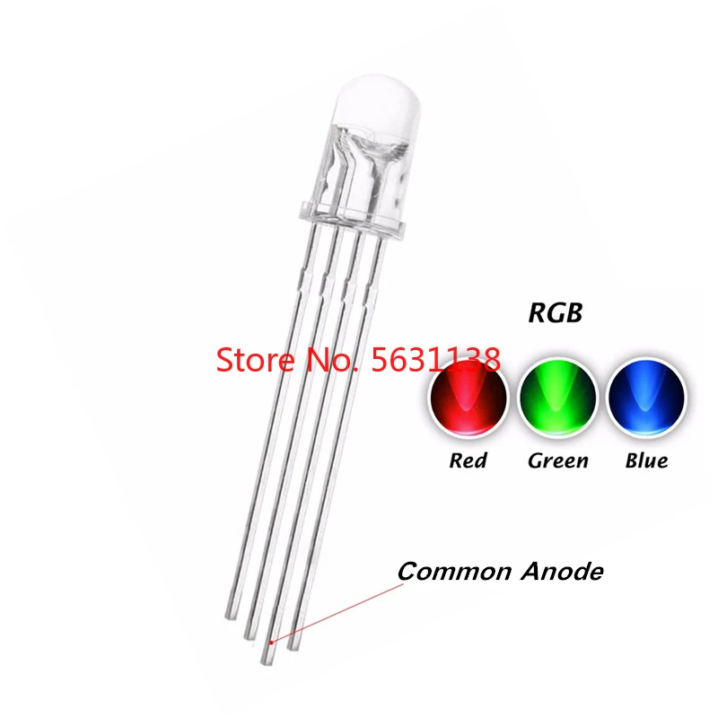 50 шт. 5 мм трехцветный RGB LED общий анод DIP 4 прозрачный контакта управляемая