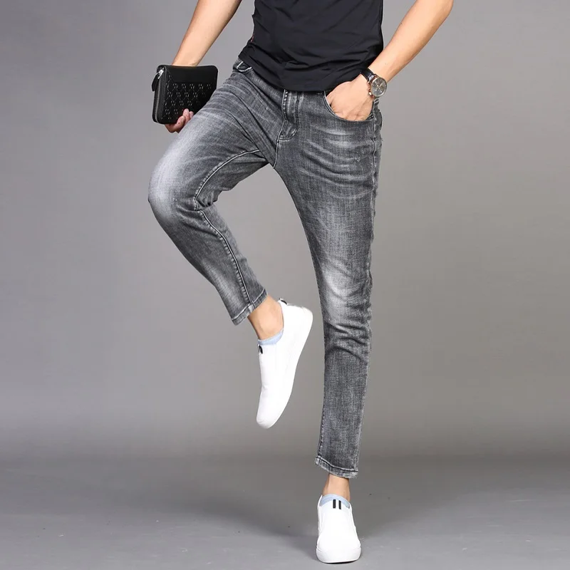 Men Jeans Summer Casual Stretch Slim Fit Ankle-Length Pants Fashion Korean Style Thin Cotton Grey Denim Trousers