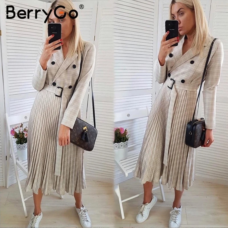BerryGo элегантное ТРАПЕЦИЕВИДНОЕ двубортное Плиссированное Платье женское