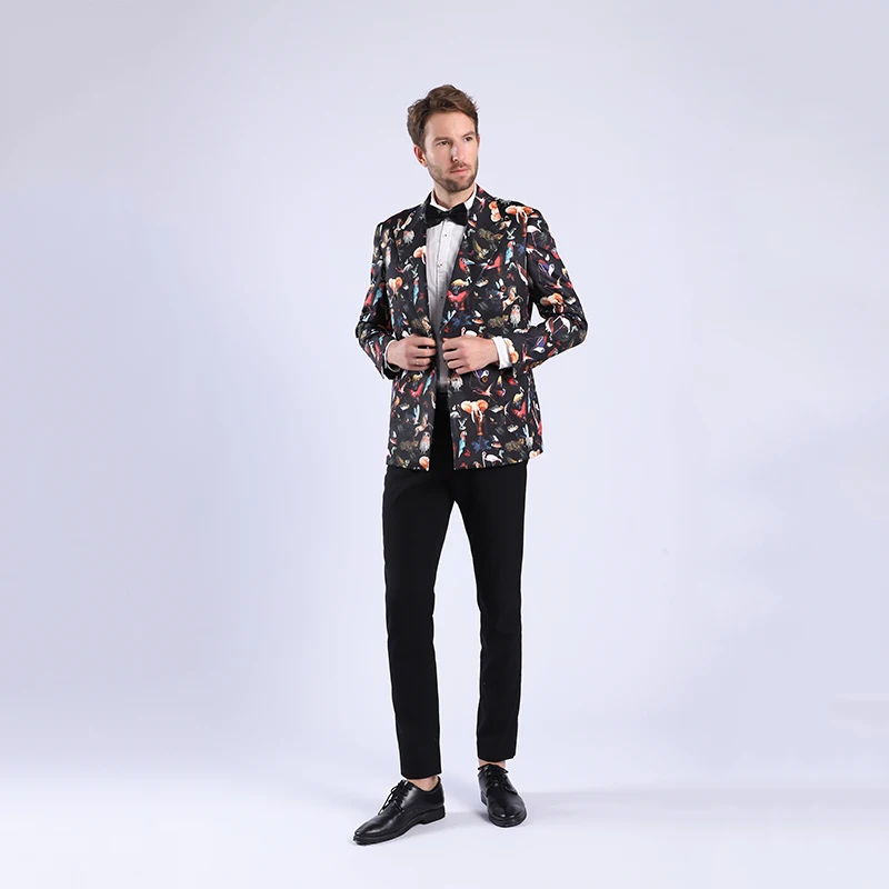 Мужской двубортный пиджак с принтом птицы черный приталенный 58 Повседневные