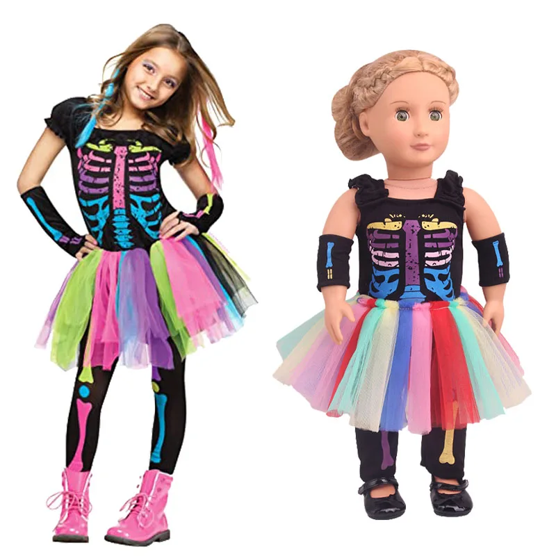 

Matching Dolls & Girls Halloween Suit,Rainbow Skeleton Skirt For Kids,18" Doll Clothes