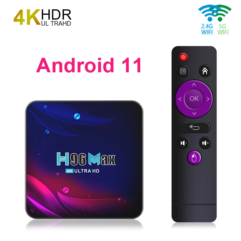 

H96 MAX RK3318 Смарт ТВ приставка Android 11 4G 64 ГБ, 4 Гб оперативной памяти, 32 Гб встроенной памяти, 4K Youtube Media Player 2,4 г 5,8 WI-FI Google Voice TVBOX комплект компьютерн...