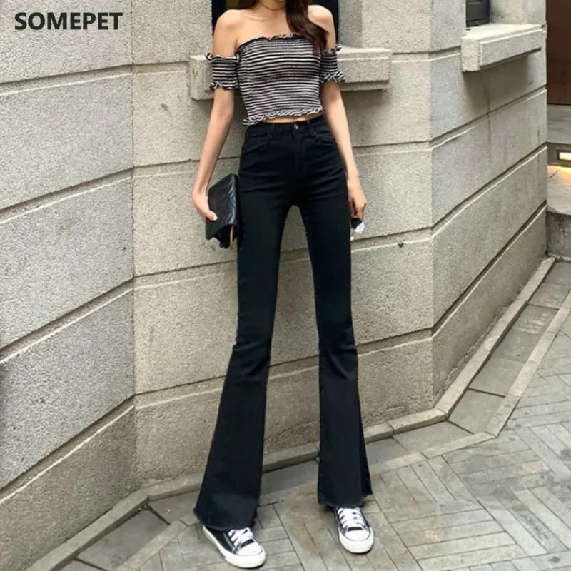 

Spring and Summer Elastic High Waisted Jeans Women Flare Pants Full Length Mom Jeans Blue and Black Pants Women
