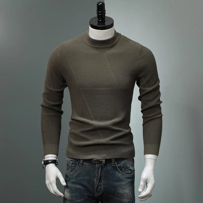 Зимний мужской свитер с маленьким воротником, теплый пуловер, мужской однотонный приталенный Вязаный Свитер оверсайз, вязаная одежда