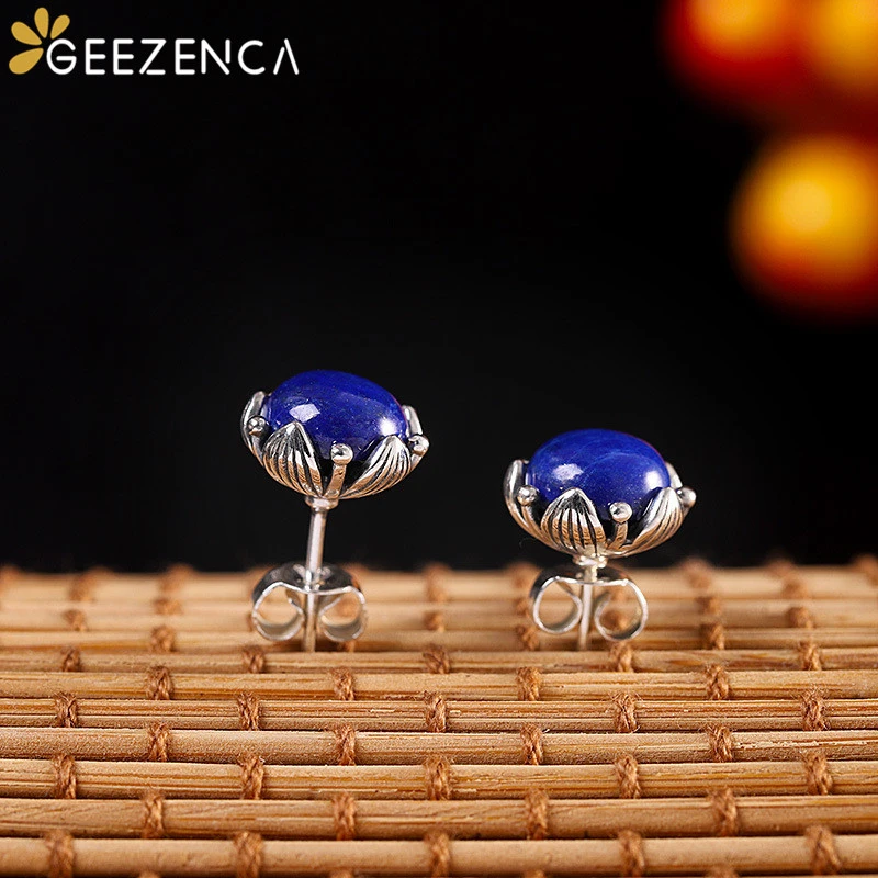 

925 Sterling Thai Silver Fine Jewelry Gemstone Stud Earrings For Women Lapis Lazuli Lotus Geometric Earring Vintage Trendy Gift