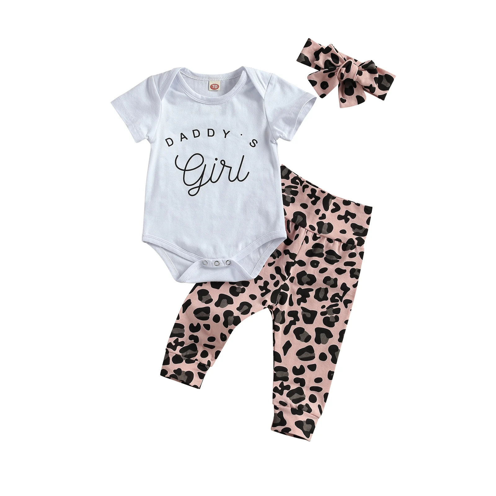 

Newborn Baby Girls 3-piece Outfit Set Letter Print Romper+Leopard Pants+Headband Set