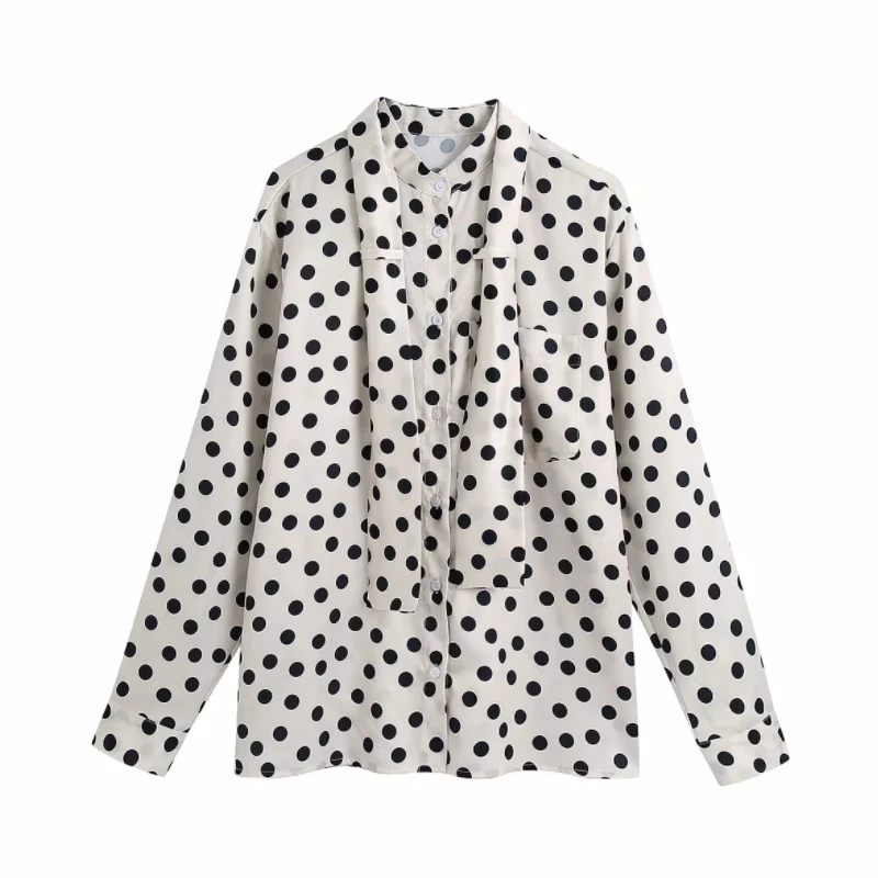 

Распродажа, женская рубашка в горошек, с воротником-стойкой, галстуком-бабочка, женская блузка с длинным рукавом, повседневные дамские своб...