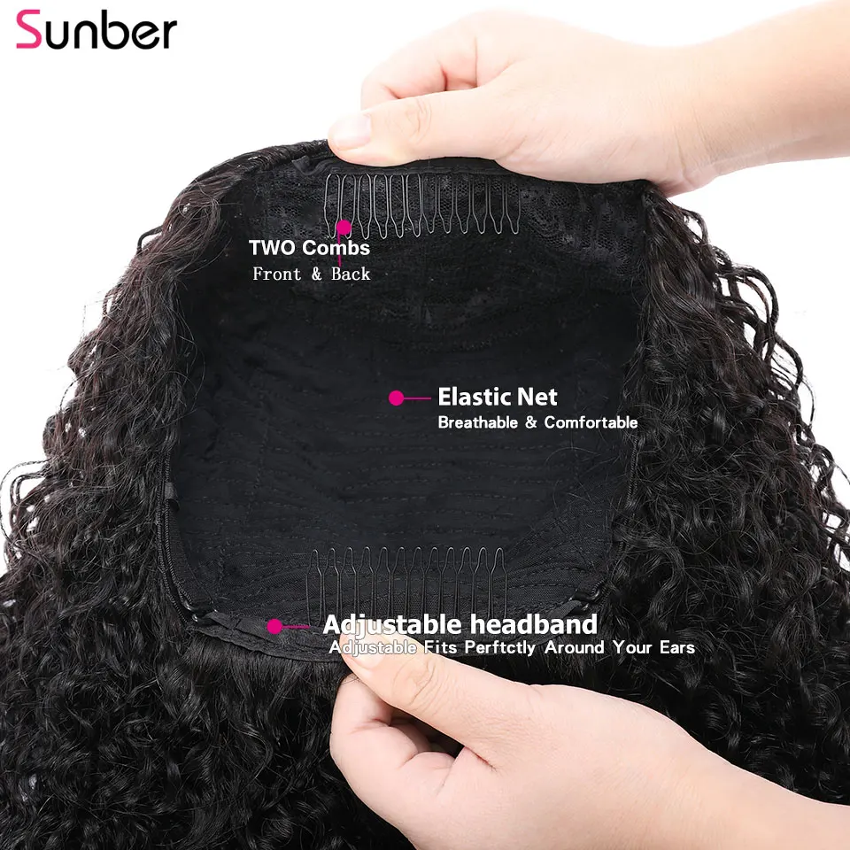 Sunber Afro Kinky Curly 3/4 Half Human Hair Wig Machine Make Clip in 150% density Remy Glueless Peruvian | Шиньоны и парики