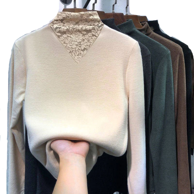 Женская трикотажная блузка с высоким воротником длинным рукавом и