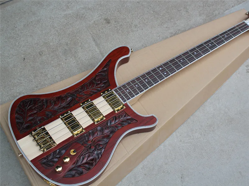 

Brown Electric Bass Guitar with Engraving Pattern,3 Pickups,4 Strings,20 Frets,Gold Hardware,Offer Customized