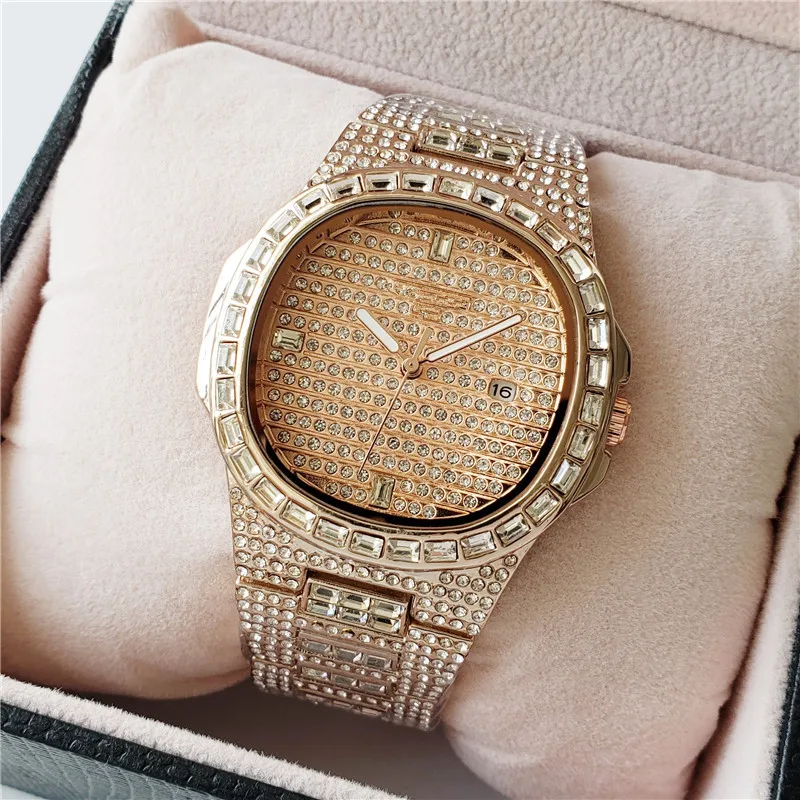 GUCY часы в стиле хип-хоп Iced Out золотого цвета, кварцевые роскошные круглые часы с бриллиантами, мужские наручные часы из нержавеющей стали, подарок - Цвет: Rose Gold