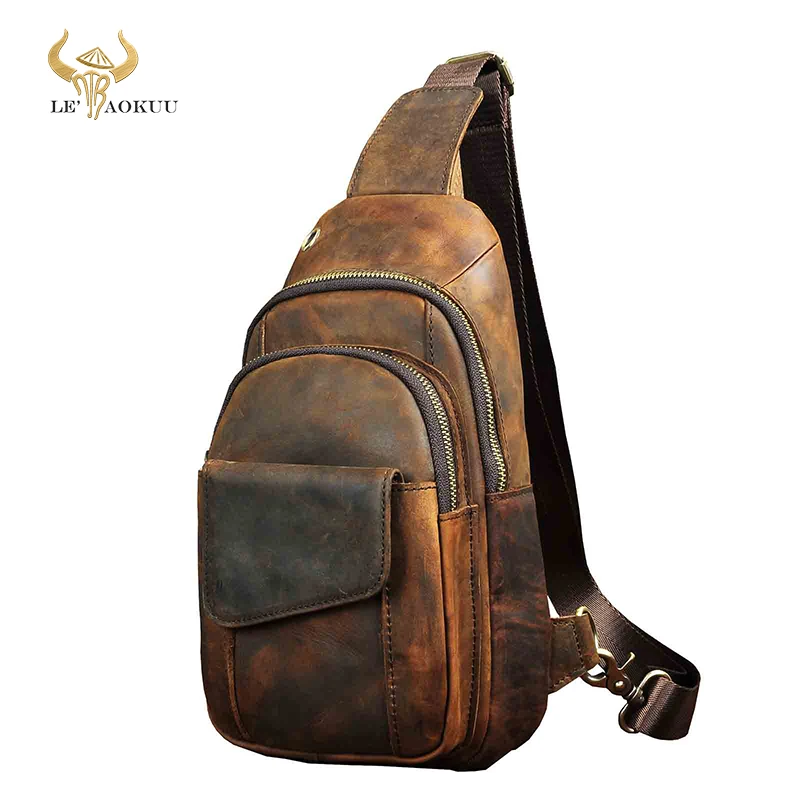 Men Original Crazy horse Leather Casual Fashion Crossbody Chest Sling Bag Design Travel One Shoulder Bag Daypack Male 8013-d