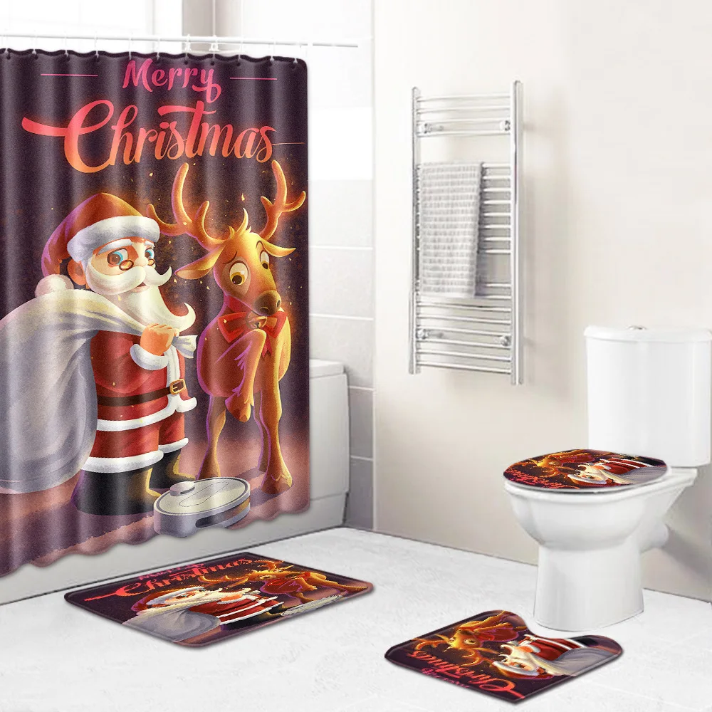 4 шт. Рождественский коврик для ванной комнаты набор занавесок душа нескользящий