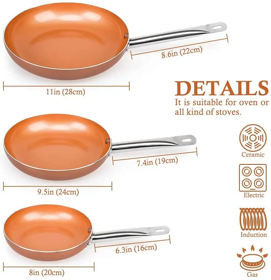 SEMORY-Juego de sartenes antiadherentes de aluminio, utensilios de cocina con tapa, sartenes de cobre con tapa, sart&eacute;n de cer&aacute;mica, 6 piezas-2