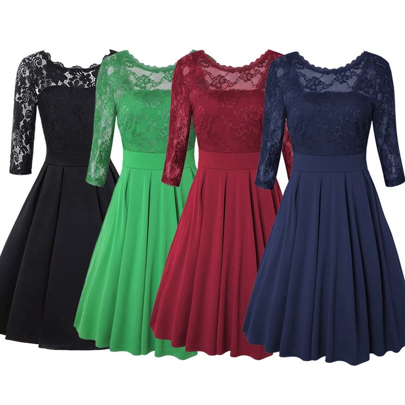 Женское кружевное платье до колен OTEN прозрачное с рукавом 3/4 круглым вырезом и