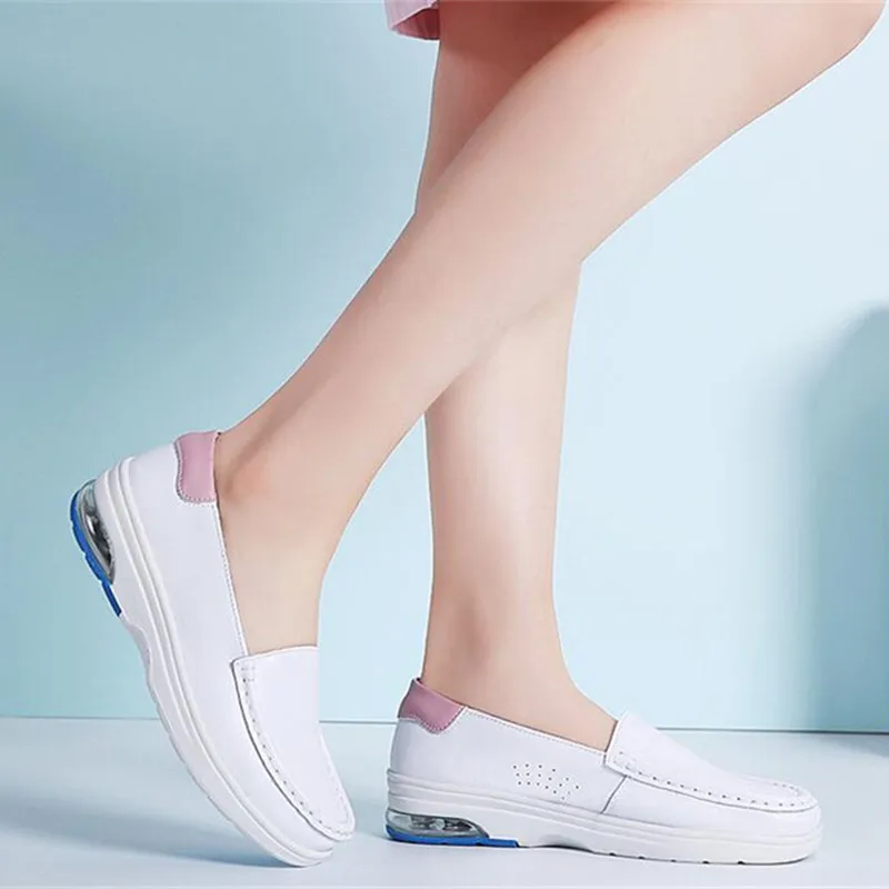 Flats Shoes Women Real Leather Loafers Nurse Platform Shoes Casual Slip on White Rubber Shoes for Women Fashion Platform Flats