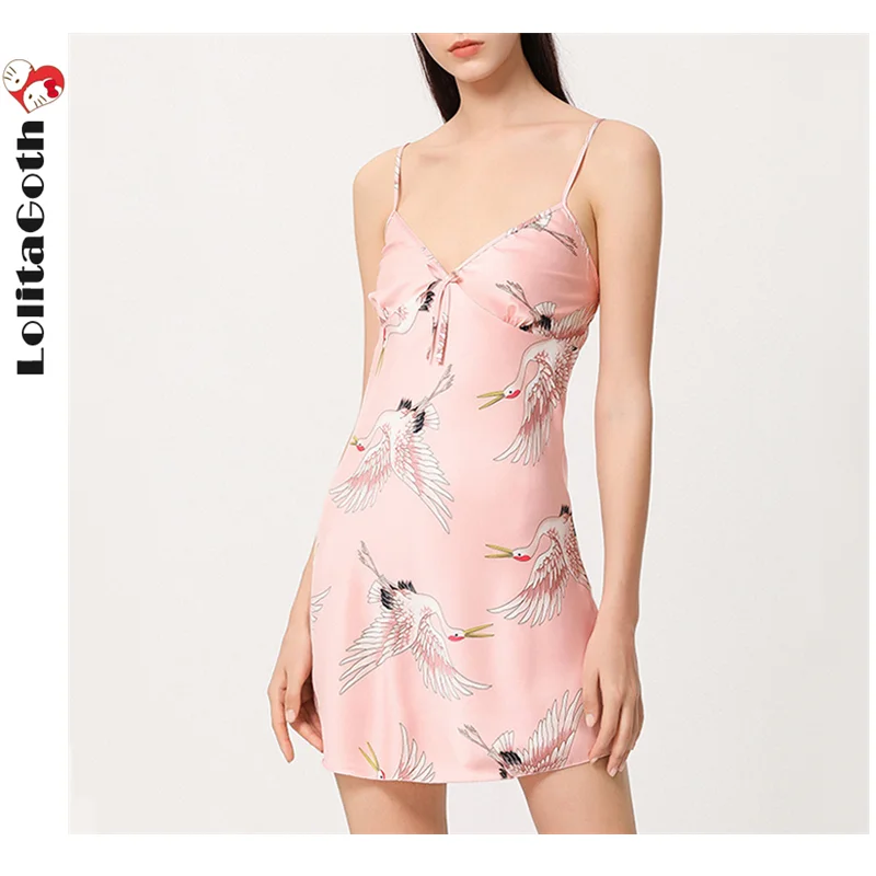 

Японское нижнее белье LolitaGoth, пижамы, сексуальная Шелковая пижама, женская ночная рубашка из ледяного шелка с журавлем, женская ночная рубаш...