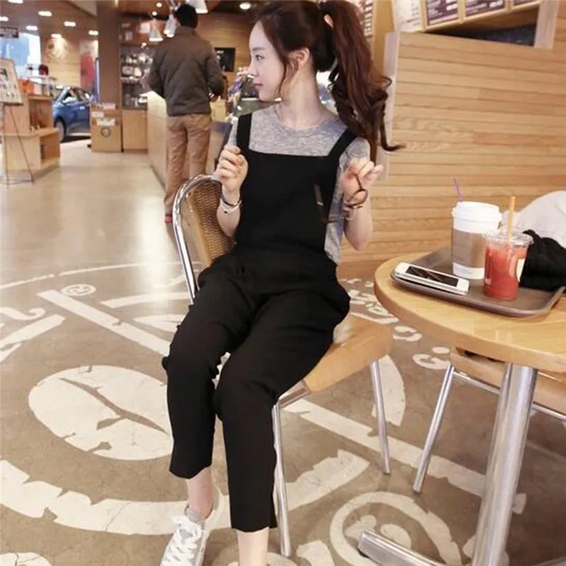 Women Vintage Overalls Femme Jumpsuits Ankle Length Solid Color Casual Split Jumpsuits With Pockets Long Trousers