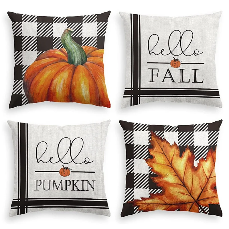 

4Pcs Autumn Black And White Plaid Pumpkin Maple Leaf Thanksgiving Pillowcase Sofa Pillowcase 45X45cm