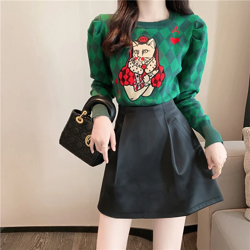 Женский короткий свитер с котом Повседневный пуловер в уличном стиле на