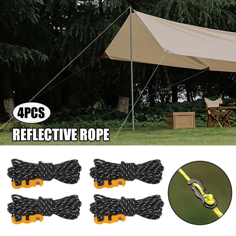 

4pcs 4m Outdoor Tent Reflective Cords Lightweight Camping Rope with Aluminum Alloy Buckle Thick Rope Tent Tarp Cuerda De Camping