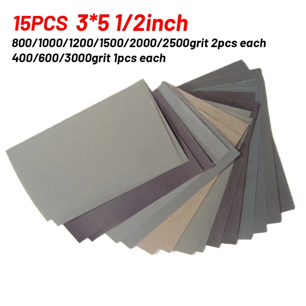 

15Pcs Sand Paper Sheets Wet/Dry Sandpaper 400 600 800 1000 1200 1500 2000 2500 3000 Grit Polishing Metal Ceramics Wood Sandpaper