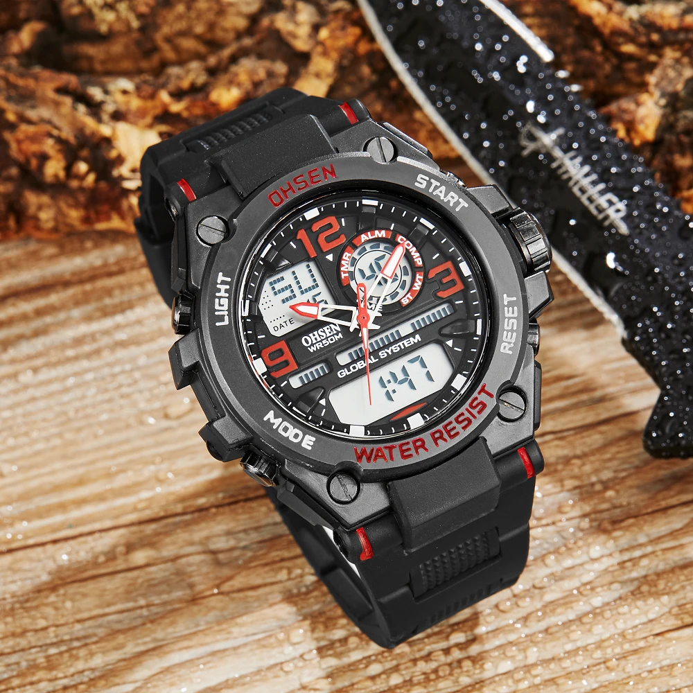 

OHSEN Fashion Quartz Digital Watch Men LED Analog Man Army Wristwatches Camouflage Red Rubber Band Swim Sport Watch Relogios