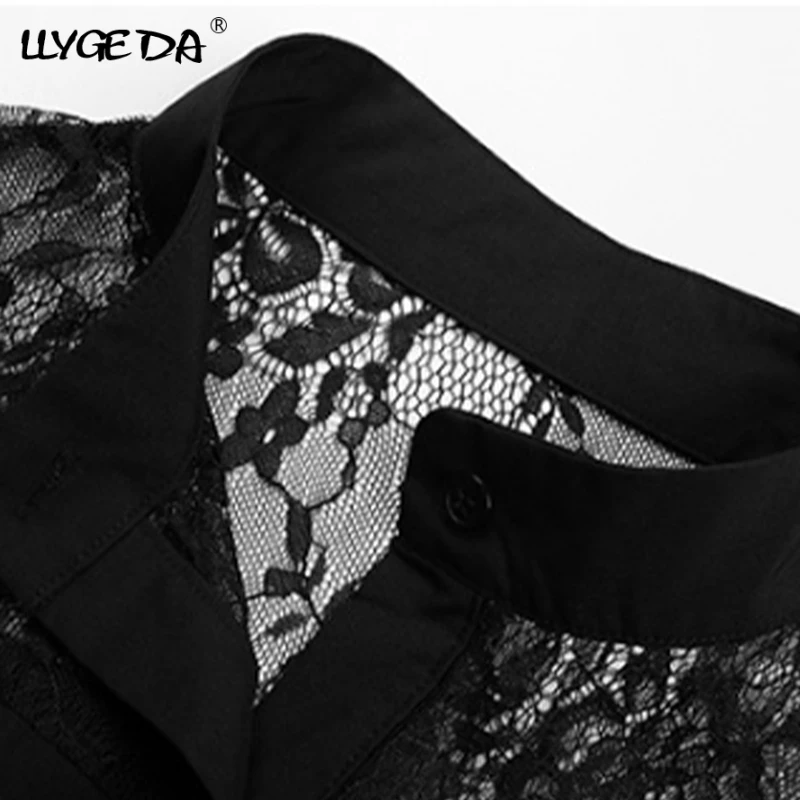 

Black Lace Patchwork Oversize Women's Shirt Single Breasted 2020 Fashion Women Blouses Long Sleeve Spring Chic Simple Top Women