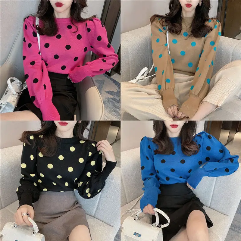 

Fashion contrast polka-dot sweater female slimming 2020 new round neck pullover short bubble sleeve knitted shirt top tide
