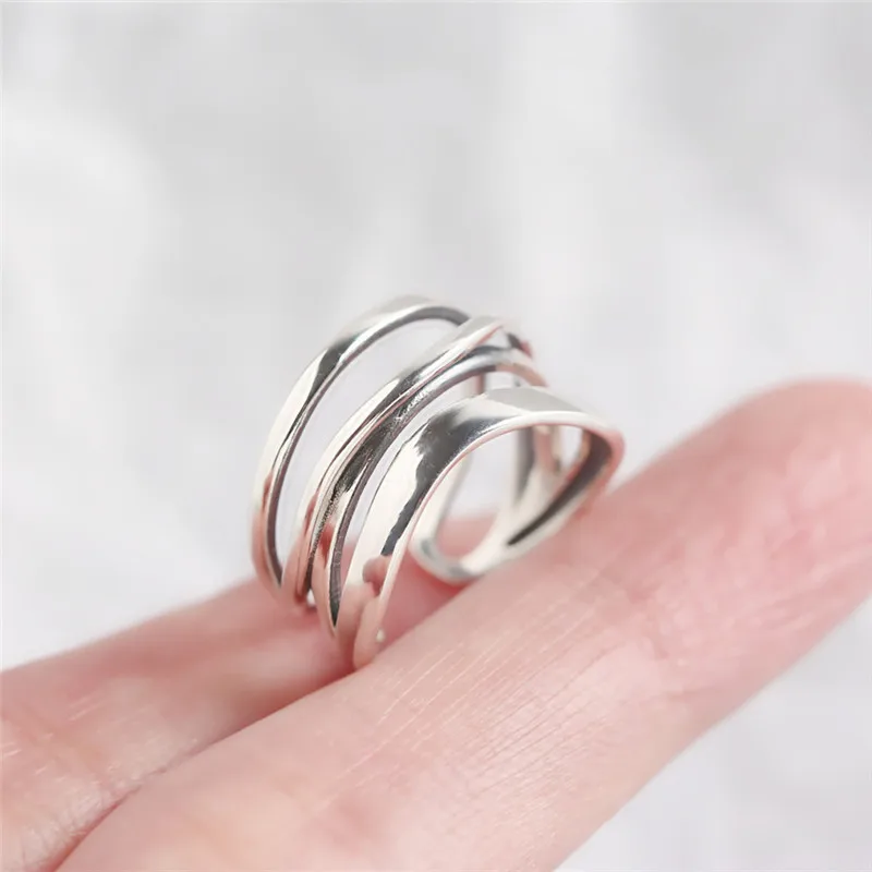 

YPAY 100% Genuine 925 Sterling Silver Open Rings for Women Korea Japan INS Irregular Lines Adjustable Ring Fine Jewelry YMR1043
