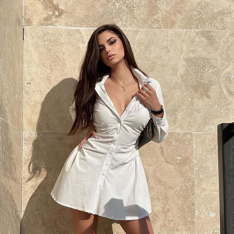 

Women Long Sleeve Single Breasted Shirt Dress Fashion Solid Color Simple Style Spring Autumn Office Lady Short Dress