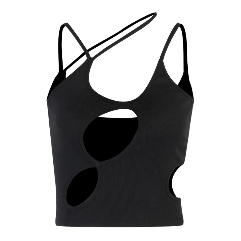 

InstaHot Asymmetrical Hole Women Crop Top Sexy Streetwear Club Vintage Casual Spaghetti Strap Camisole 2021 Summer Female Top