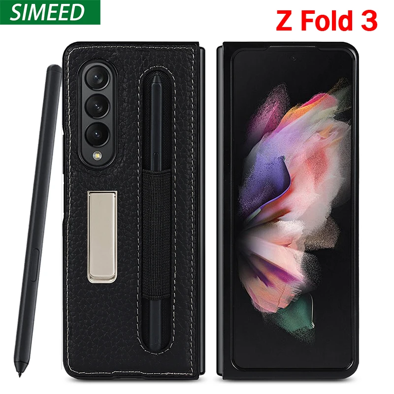 

Чехол для Samsung Galaxy Z Fold 3 5G, из натуральной кожи, с рисунком личи, с держателем для карандаша, защитный чехол для Galaxy Z Fold3
