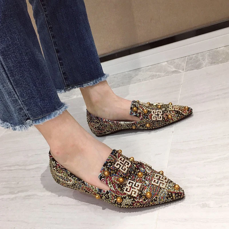 Женская обувь Лоферы на плоской подошве Балетки с острым носком Стразы Жемчуг