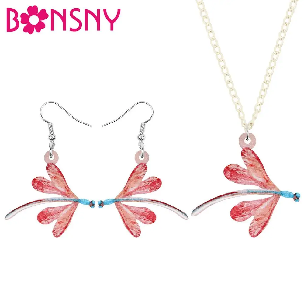 Bonsny акриловые милые розовые Ювелирные наборы стрекозы Новинка животное ожерелье