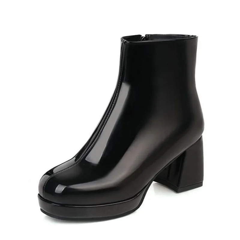 

New Autumn and winter high heels nude boots square toe patent leather side zipper white thick-heeled shoes women short boots