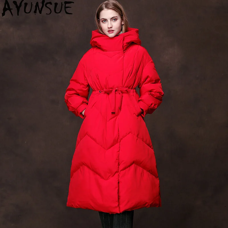 AYUNSUE женский зимний пуховик с капюшоном длинное пуховое пальто женская куртка
