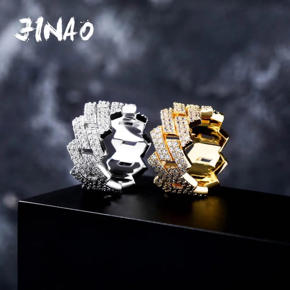 JINAO Men trendy Zirconia Rings  Color Top Quality Bling Bling Ice Out CZ Hip Hop Punk Ring Cuban Link Chain